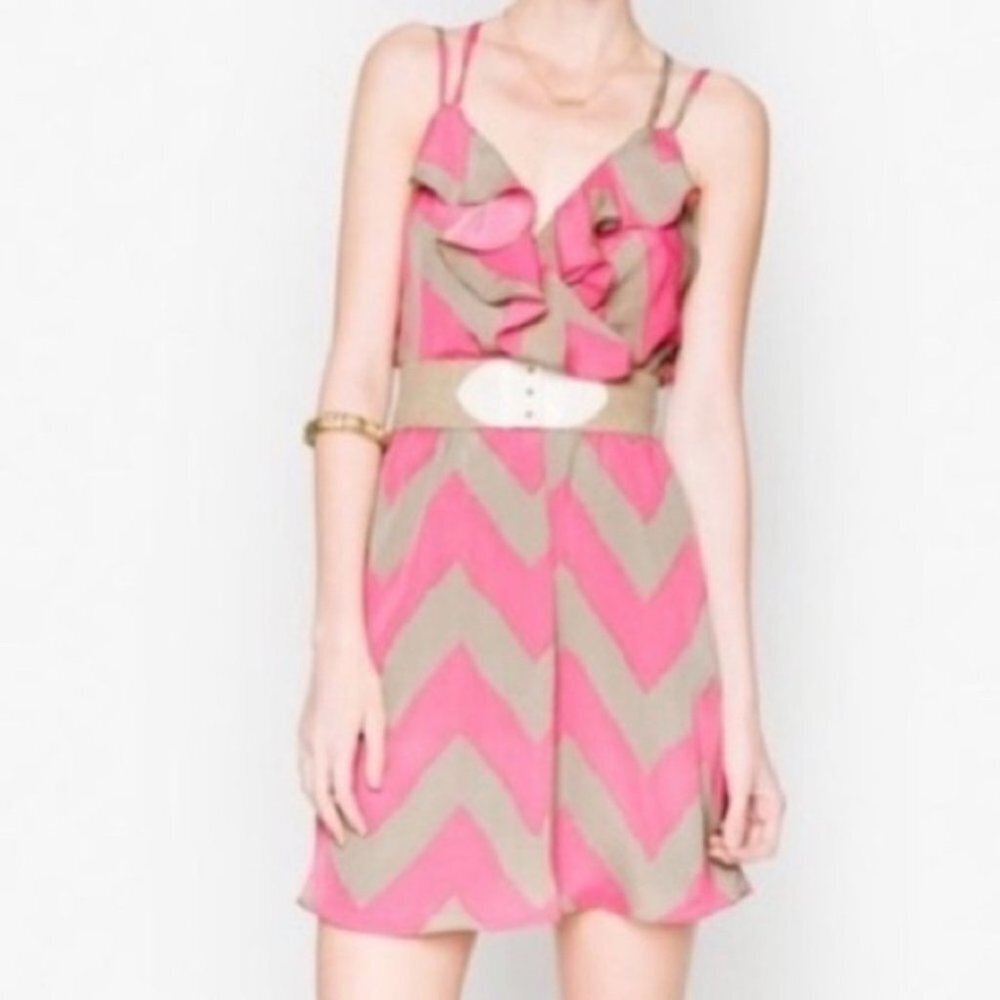BCBGeneration Summer Strap Dress Pink Tan Ruffles - Picture 4 of 16